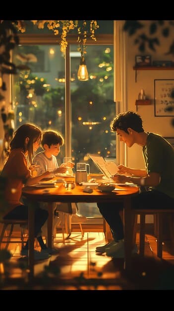 A scene from a South Korean drama movie, showing a family gathering around a table, with warm lighting and a sense of togetherness.