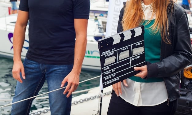 A close-up shot of a director on set, giving instructions to the actors during the filming of a Korean movie. The image should convey the passion and dedication involved in Korean film-making.