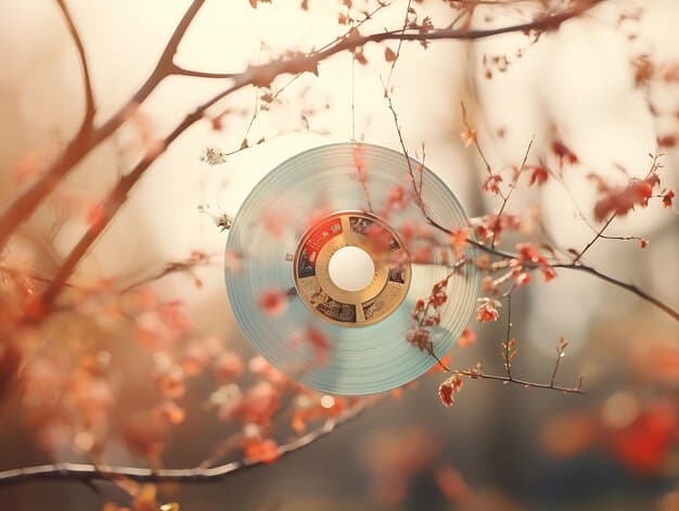A close-up shot of a vintage vinyl record with Korean movie titles written on the label, surrounded by film reels and sheet music, emphasizing the nostalgia and artistic value of Korean film music.