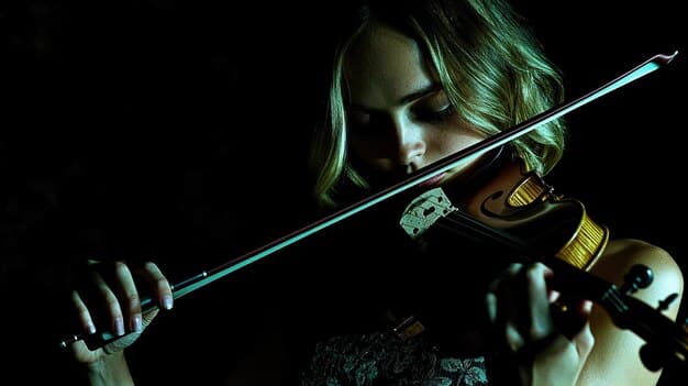 A cinematic shot of a conductor passionately leading an orchestra, with musicians playing their instruments intensely, capturing the essence of creating powerful and emotional film scores.