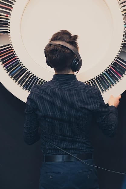 Close-up shot of a professional music composer composing an OST track in a high-tech recording studio. The composer, in their late 30s, is deeply focused, with multiple screens displaying musical scores and audio waveforms, showcasing the intricate process of creating music for a drama.