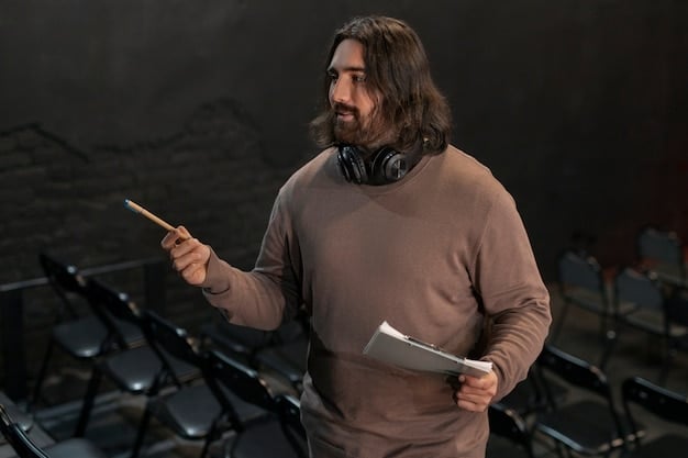 A candid shot of a drama director giving feedback to the actors on set, with scripts in hand, showcasing the director's guidance and attention to detail.