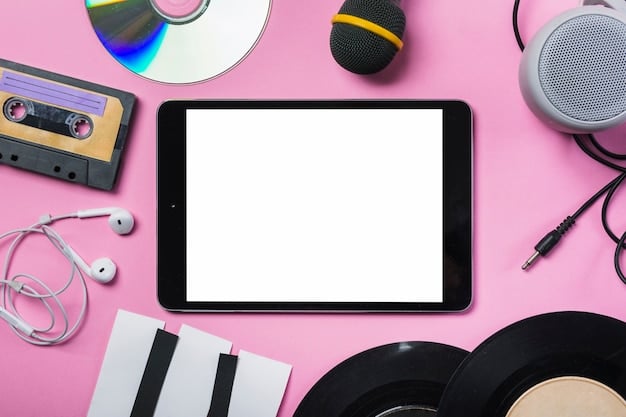A high-angle shot of various digital music streaming platforms on different devices displaying Korean drama OST playlists. The devices are arranged on a wooden table, surrounded by headphones and a coffee mug, creating a cozy and trendy atmosphere.