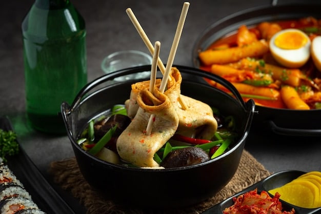 A medium shot of a well-prepared plate of tteokbokki, with various toppings like fish cakes, boiled eggs, and green onions, placed on a wooden table with chopsticks.