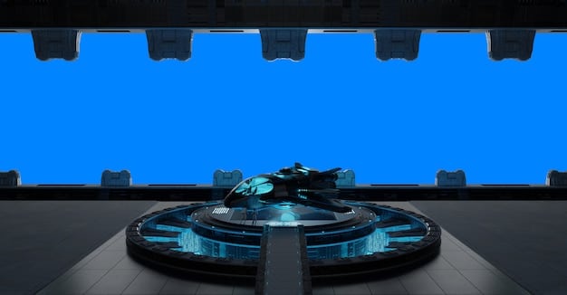 An image showcasing a futuristic set design from a sci-fi K-drama set in 2025, with advanced technology and sleek, modern aesthetics. The scene should depict a tense moment between characters, highlighting the innovative storytelling and visual appeal of the drama.
