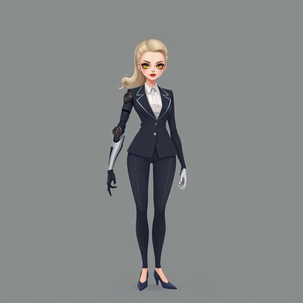 A female character in a sophisticated office drama wears a perfectly tailored black blazer, a simple white silk blouse, and straight-leg trousers, embodying minimalist elegance.