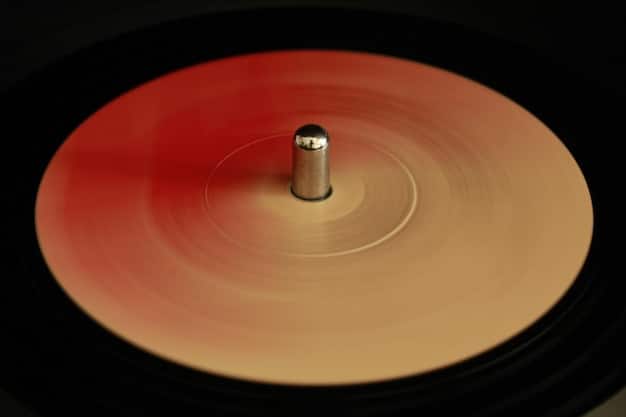 A close-up shot of a vinyl record spinning on a turntable. The record label features the title of a popular international drama OST, with a soft focus on the needle as it plays the music. The atmosphere is warm and nostalgic.